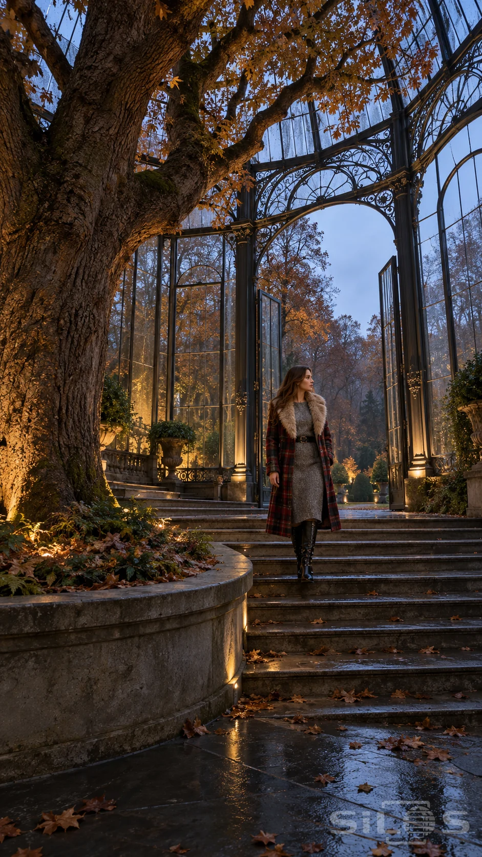 A woman in a red tartan coat and grey knit dress descends stone steps beneath an enormous oak in an iron glasshouse.