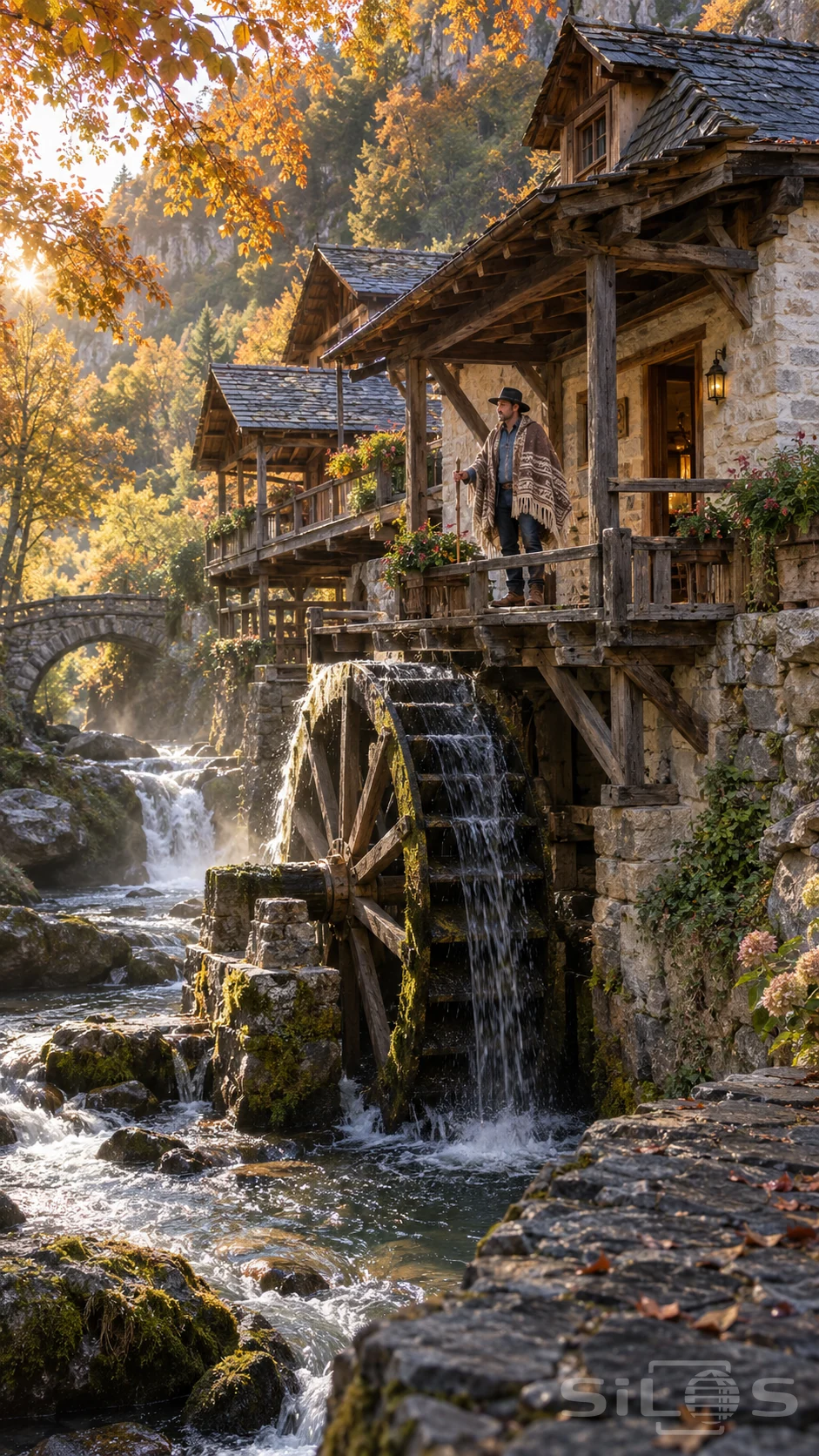 A man in a patterned woven cape stands on a timber balcony above a large waterwheel amid golden autumn trees.