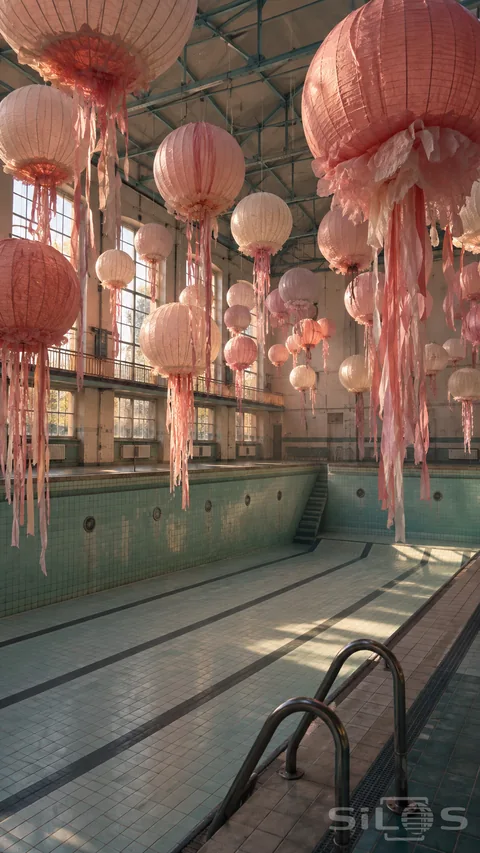A paper lantern pool installation with pink ribbed spheres and tissue fringes suspended over a drained swimming pool.