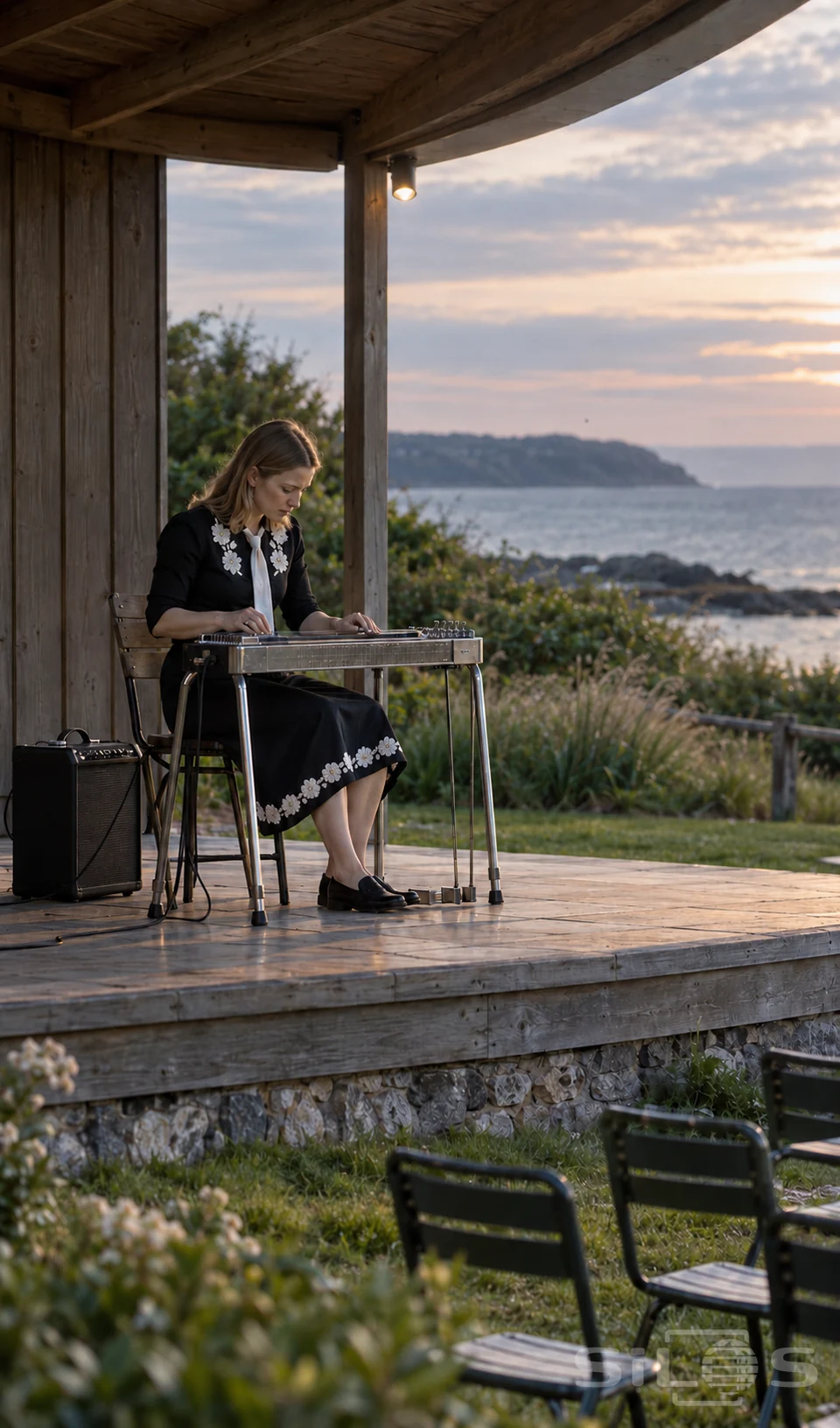 A woman plays steel guitar on an empty wooden bandstand in a seaside park, wearing black clothing with white floral appliques.