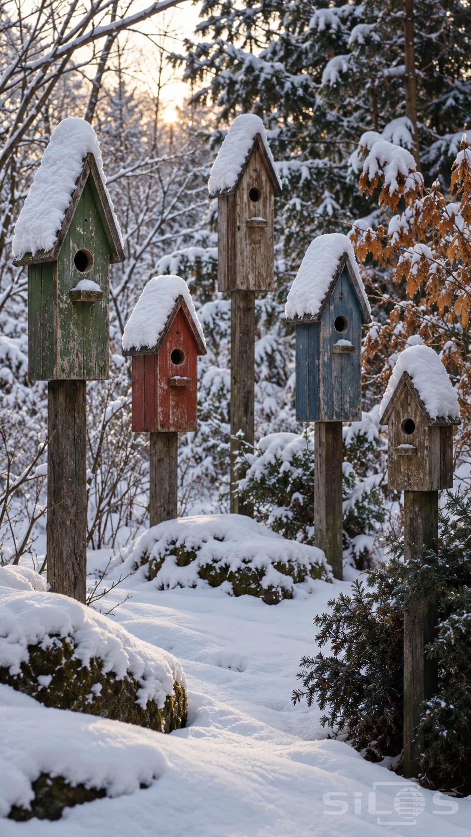 Five narrow wooden birdhouses on posts have steep snow-covered roofs, with green, red, blue and natural wood fronts among snowy trees.
