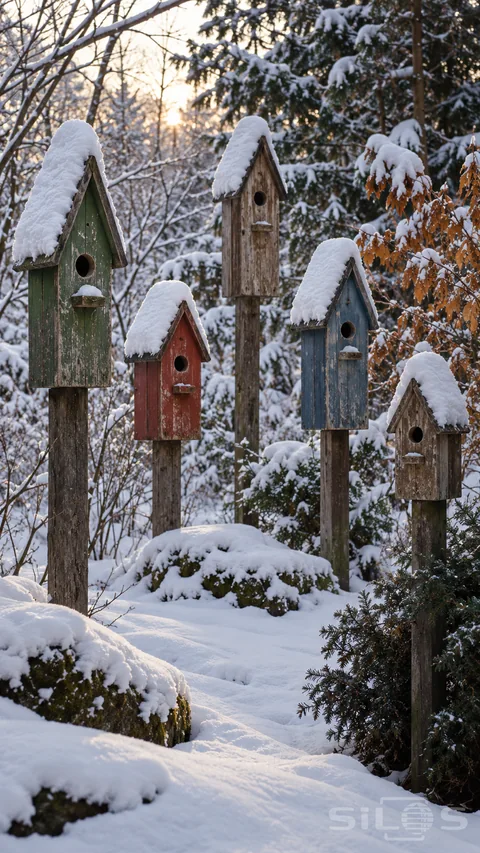 Five narrow wooden birdhouses on posts have steep snow-covered roofs; with green; red; blue and natural wood fronts among snowy trees.