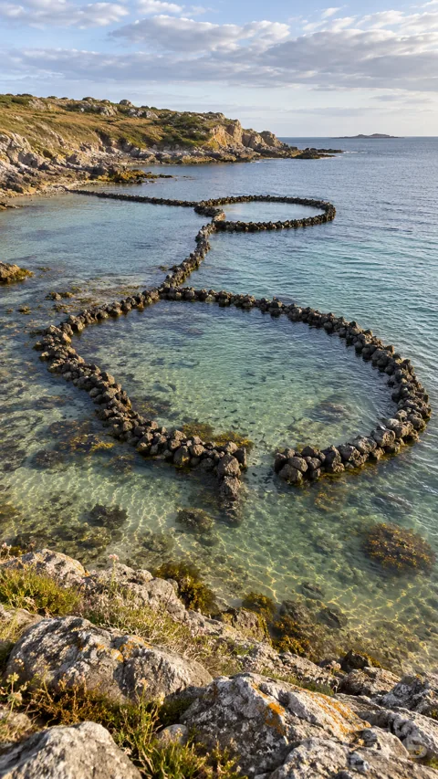 Low curved drystone fish weirs divide clear jade tidal water beside a rocky shore and a pale distant headland.