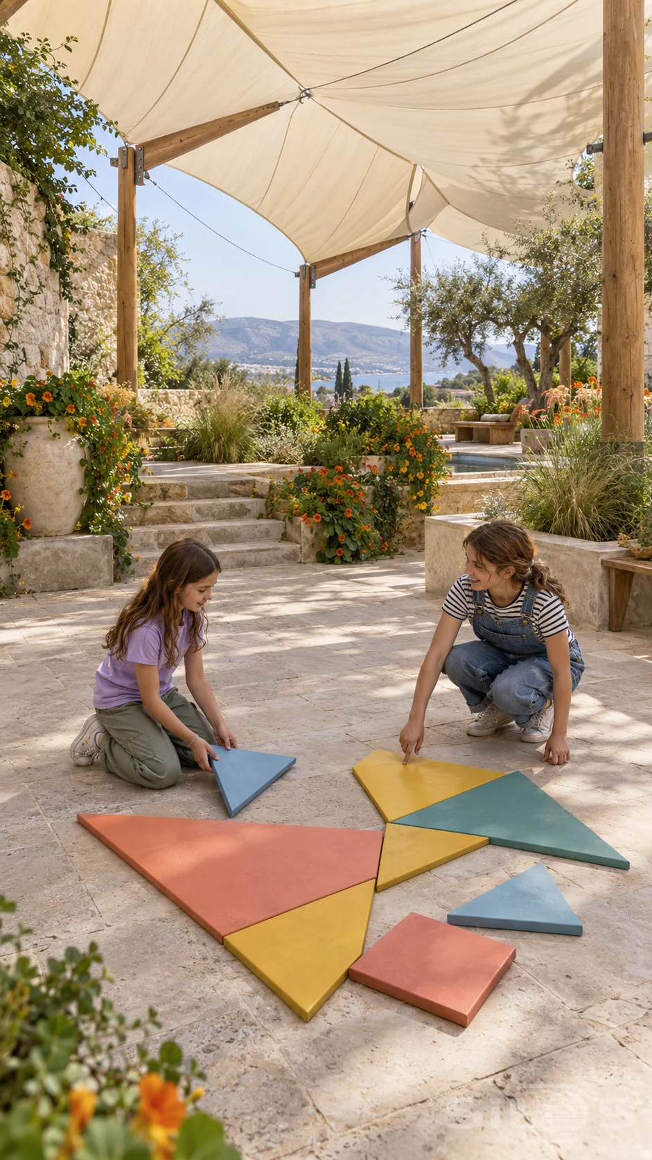 Two girls arrange a giant tangram from colorful geometric pieces on a stone courtyard floor beneath a broad folded canvas canopy.