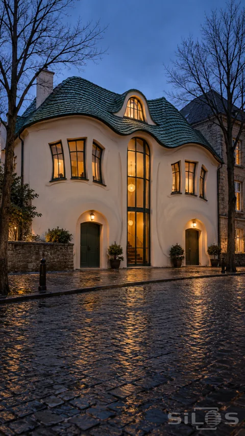 A cream house with curved window frames and a rippling green tiled roof glows warmly beside an empty wet cobbled street.