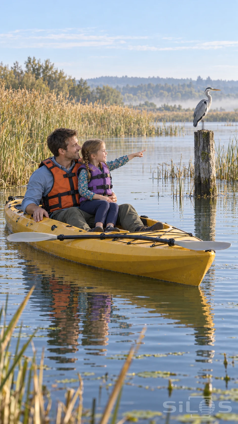 A heron beside the family kayak draws a daughter’s pointing hand while she sits on her father’s lap in a yellow boat among reeds.