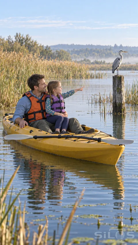 A heron beside the family kayak draws a daughter’s pointing hand while she sits on her father’s lap in a yellow boat among reeds.
