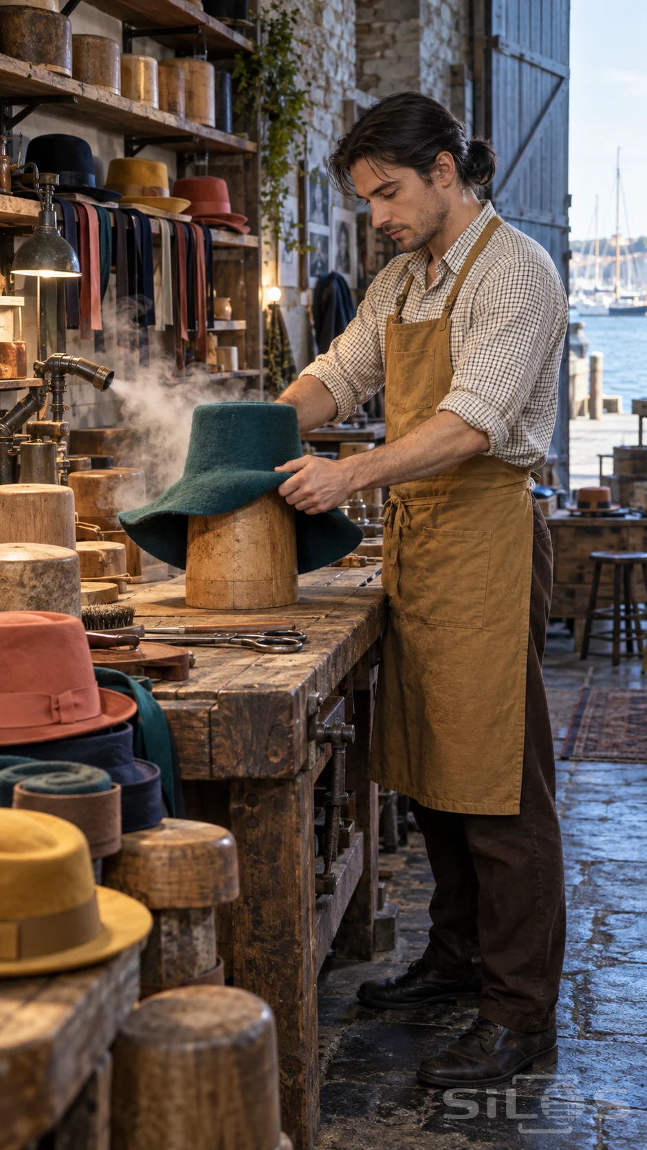 Felt hat making in a harbor workshop, with a milliner shaping teal wool felt over a wooden hat block beside rising steam.