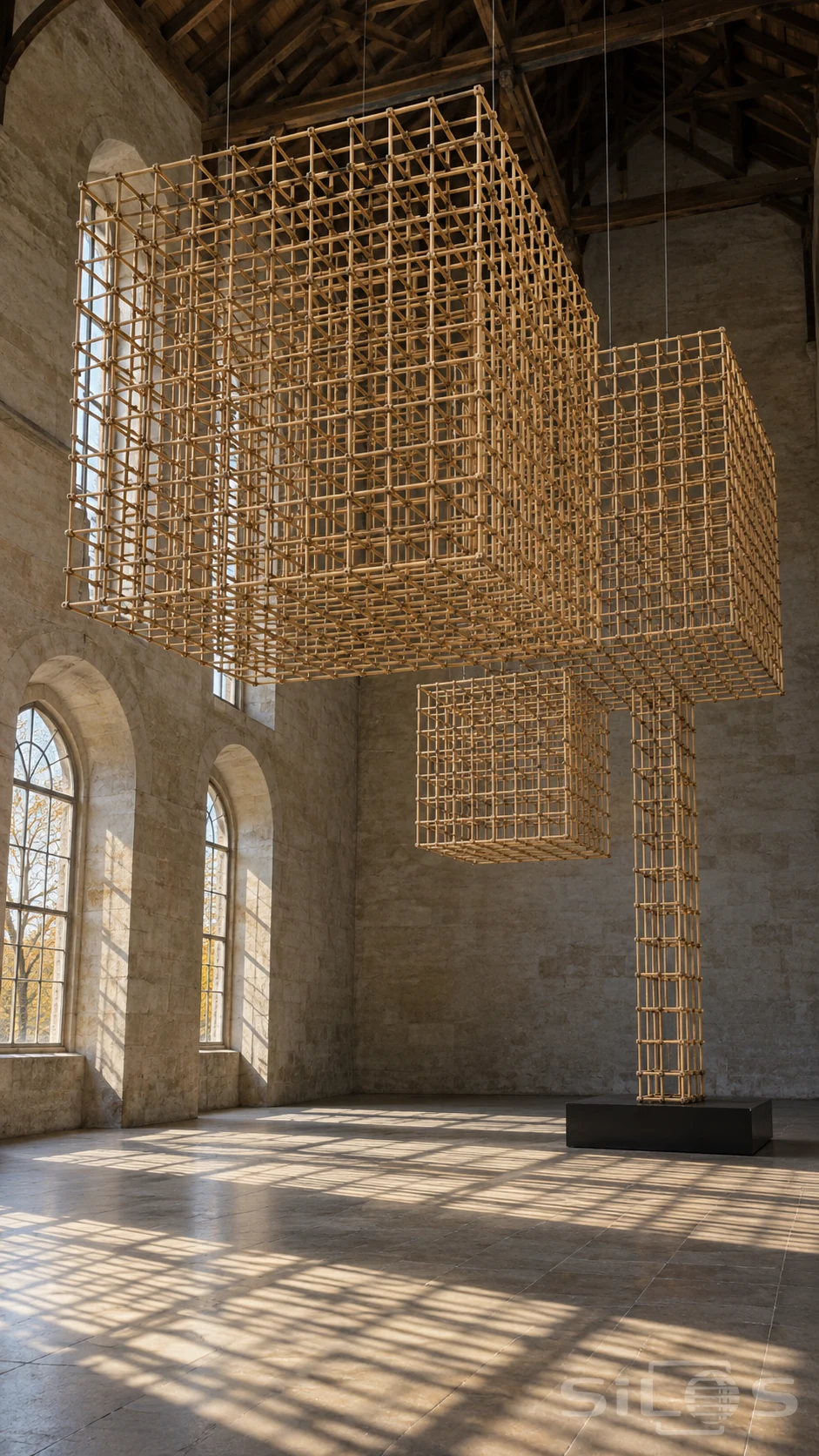 Large open bamboo lattice cubes suspended beneath timber beams in a sunlit stone gallery with tall arched windows