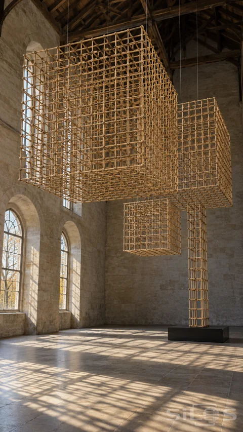 Large open bamboo lattice cubes suspended beneath timber beams in a sunlit stone gallery with tall arched windows