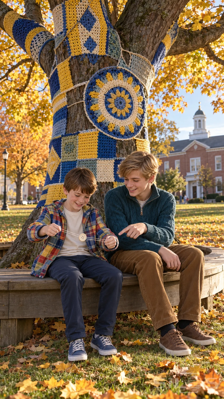 Two brothers watch a button spinner on an autumn bench beneath a large maple covered in blue and yellow crochet panels.