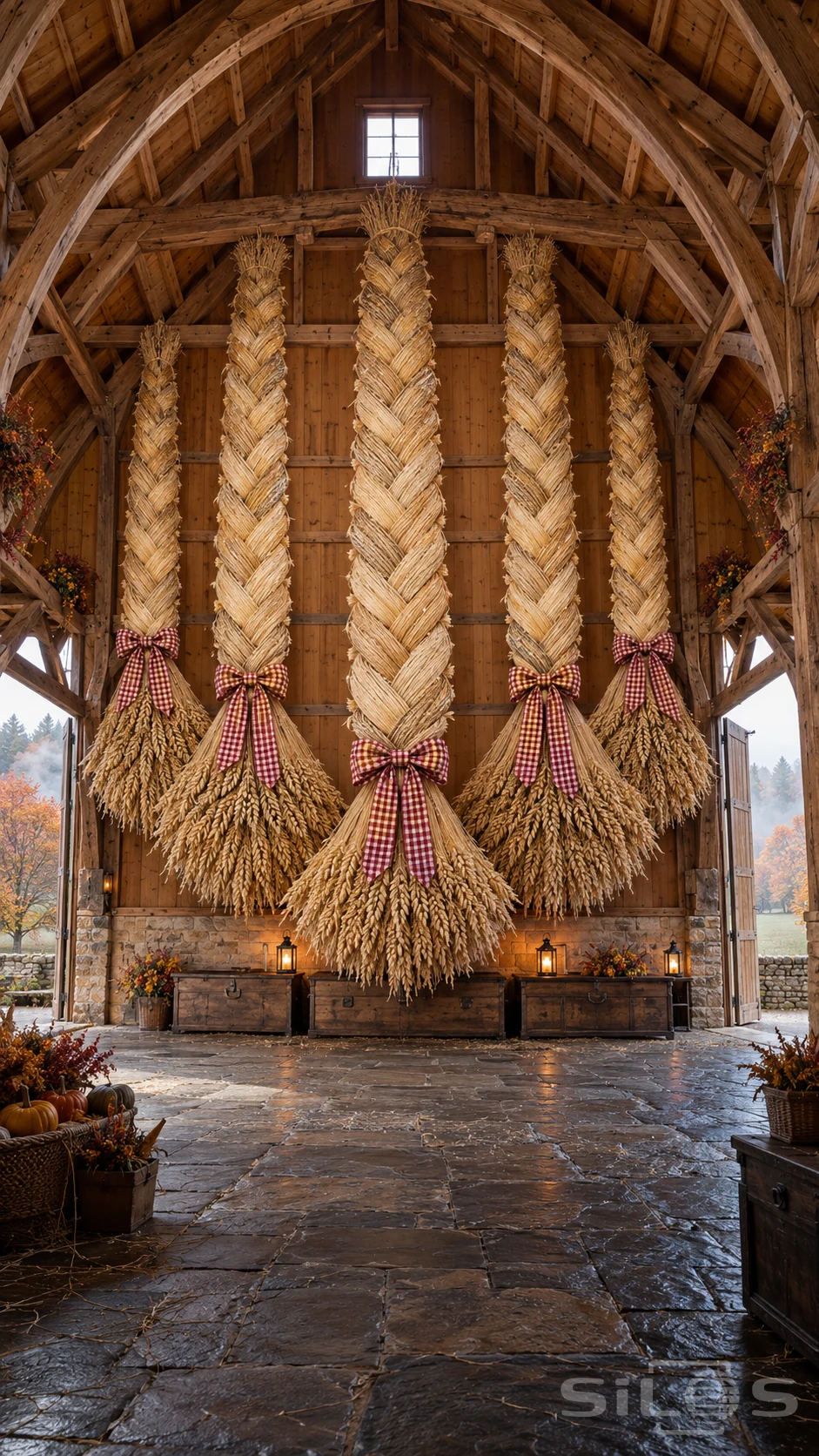 Five enormous wheat braids with spreading grain heads and red gingham bows hang across a timber barn wall above wooden chests and lanterns.