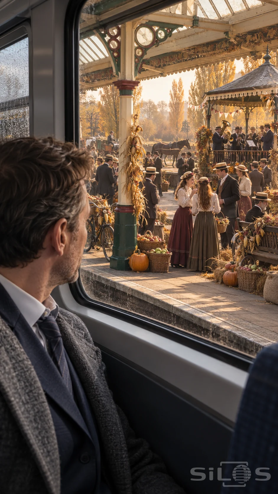 A suited commuter watches a sunlit historic harvest celebration through a modern train window.