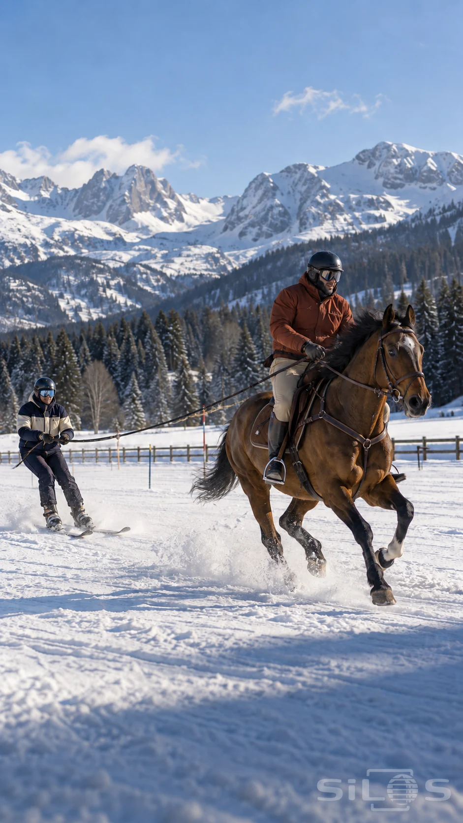 Horse skijoring across a snowy meadow, with a helmeted rider, a skier holding the towline and mountain ridges behind.