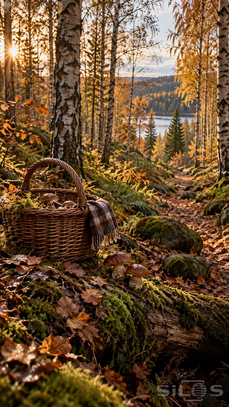 A mushroom basket and checked cloth on a mossy log in a sunlit birch glade, with a woodland path leading toward a distant lake.
