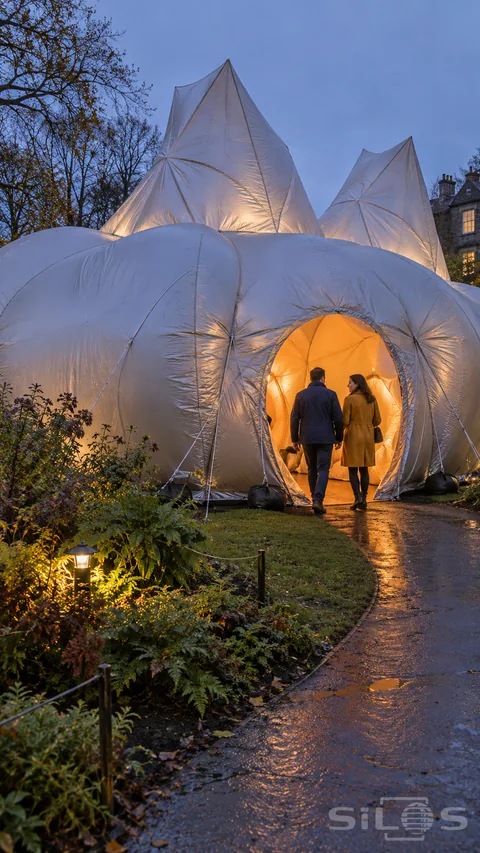 Two adult visitors enter an inflated silver pavilion with faceted peaks; fabric seams and a warm orange doorway beside a wet garden path.