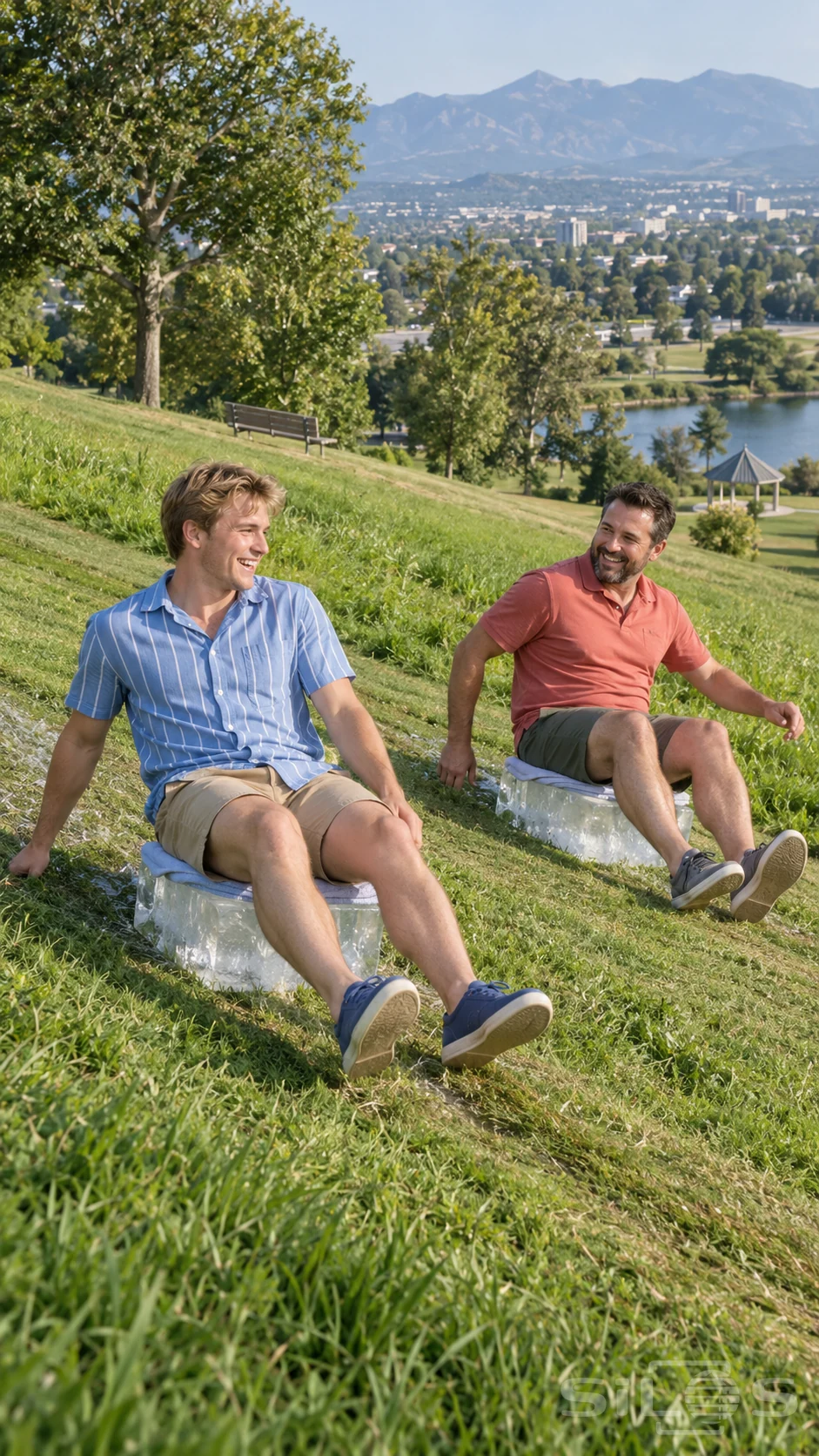 Two adult friends enjoy ice block sliding on towel topped blocks down a summer park slope above a pond and city.