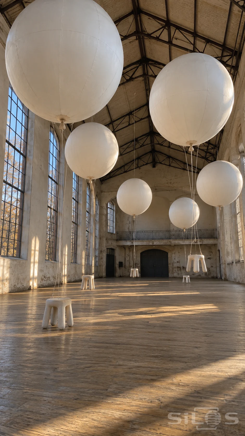 Large white tethered balloons suspend small white stools above a wooden floor in a tall empty hall.