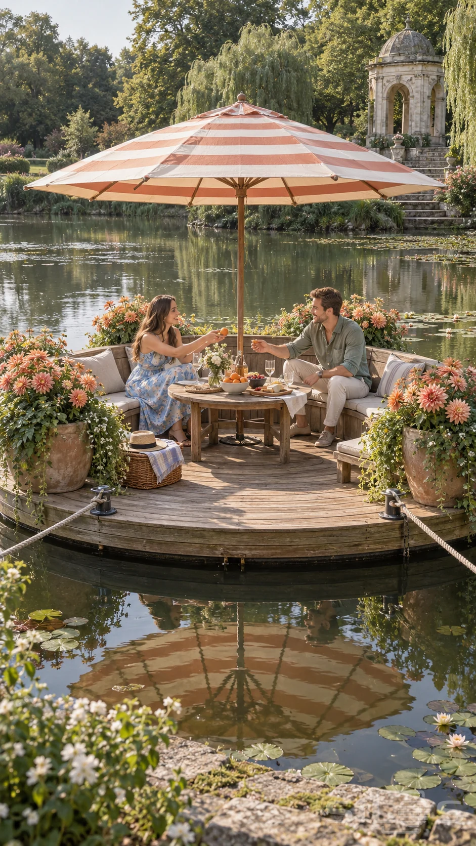An adult pair shares an apricot on a round floating flower deck with a striped parasol, curved bench and flowers on a lily pond.