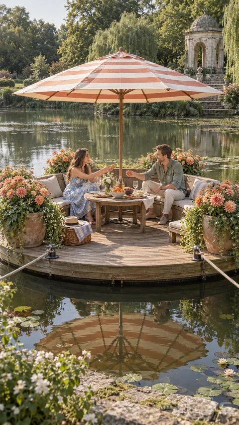 An adult pair shares an apricot on a round floating flower deck with a striped parasol; curved bench and flowers on a lily pond.