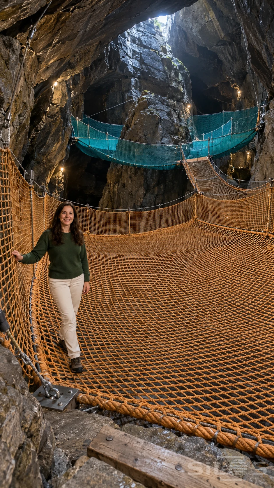 A woman stands on a broad ochre rope-net terrace beneath a higher teal net wrapped around a rock buttress inside a cavern.