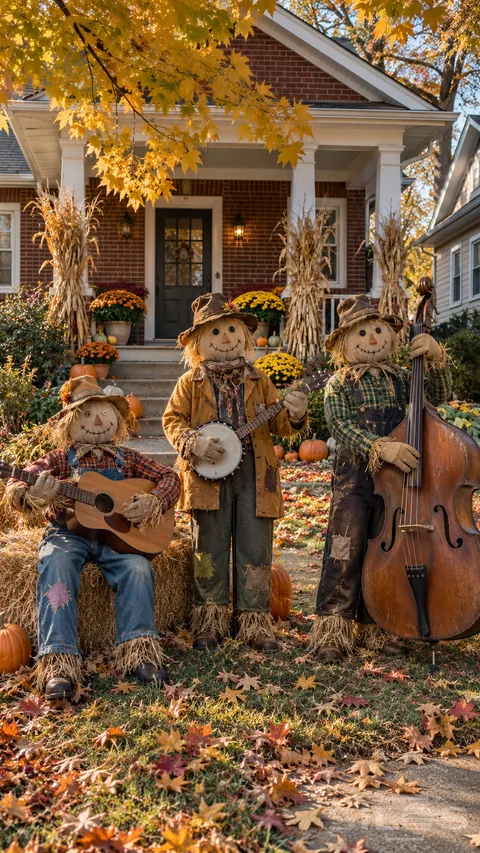 A scarecrow band holds a guitar and banjo beside a double bass in a harvest display below a brick porch and golden maple leaves.