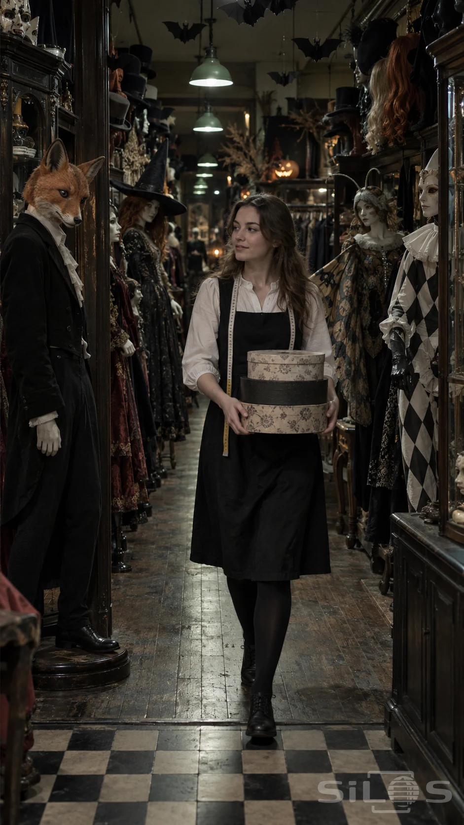 A woman carrying round hat boxes glances at a fox-masked mannequin among dark costumes and hanging paper bats.