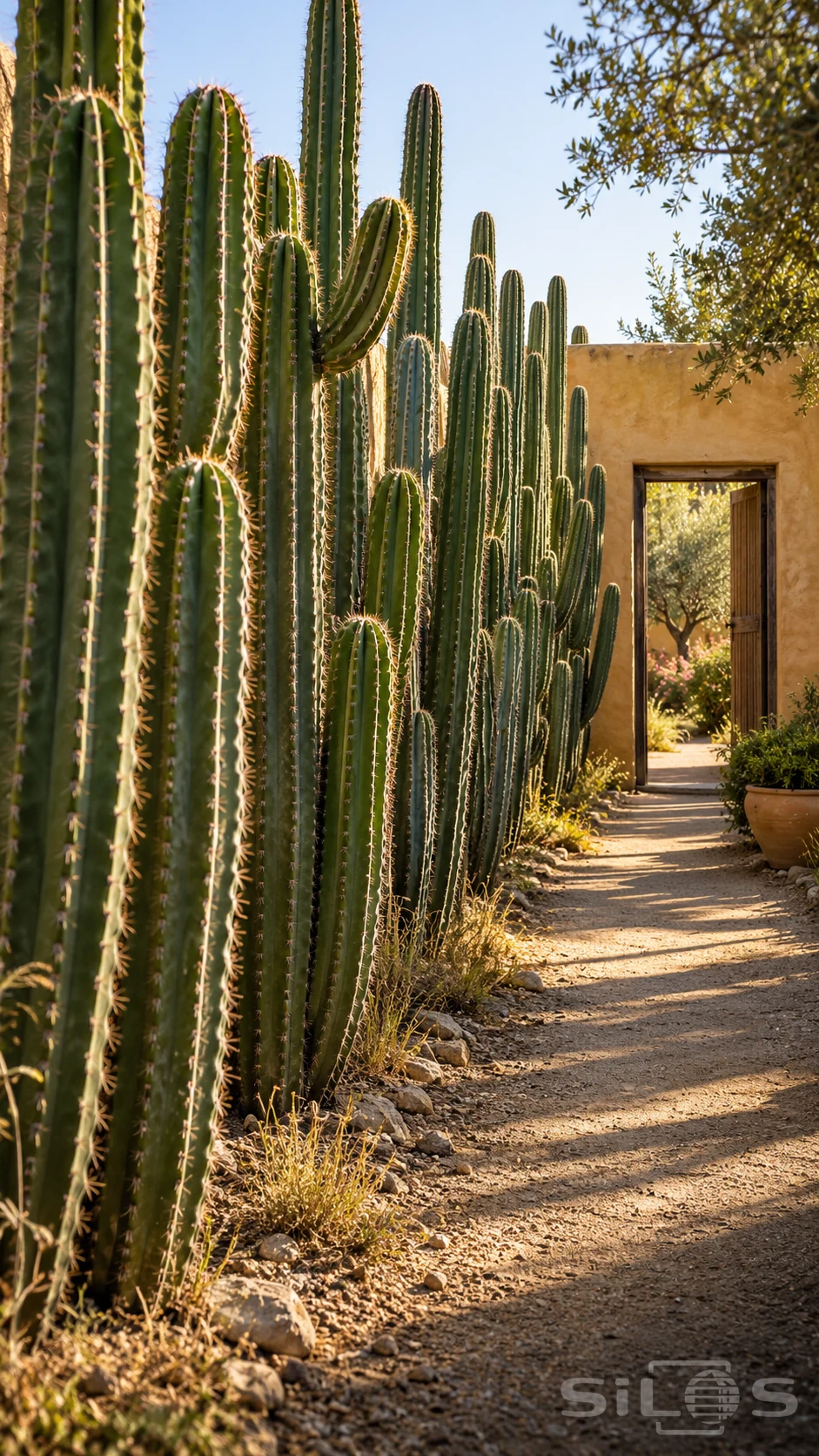 A tall cactus fence with ribbed green stems and pale spines lines a sandy path leading to an open doorway in an ochre wall.