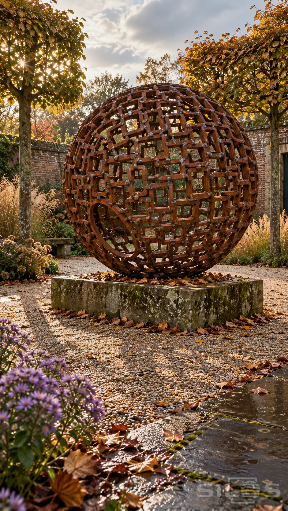 A large rusted metal globe made from welded rectangular links stands on a stone plinth in an autumn garden.