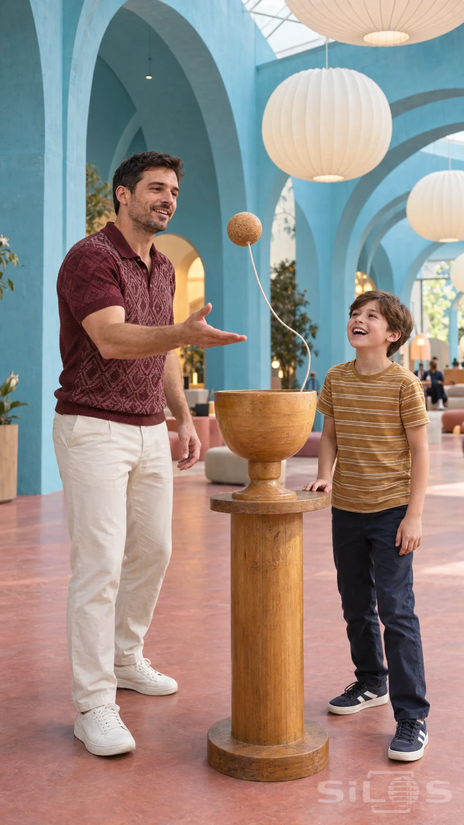 A father tosses a tethered cork sphere above a wooden cup and ball game while his son smiles beneath cyan arches and ivory lights.