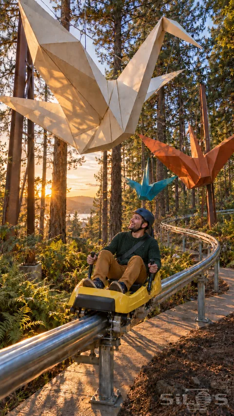 An adult in a yellow alpine coaster looks up at huge folded birds suspended above a curving forest track.