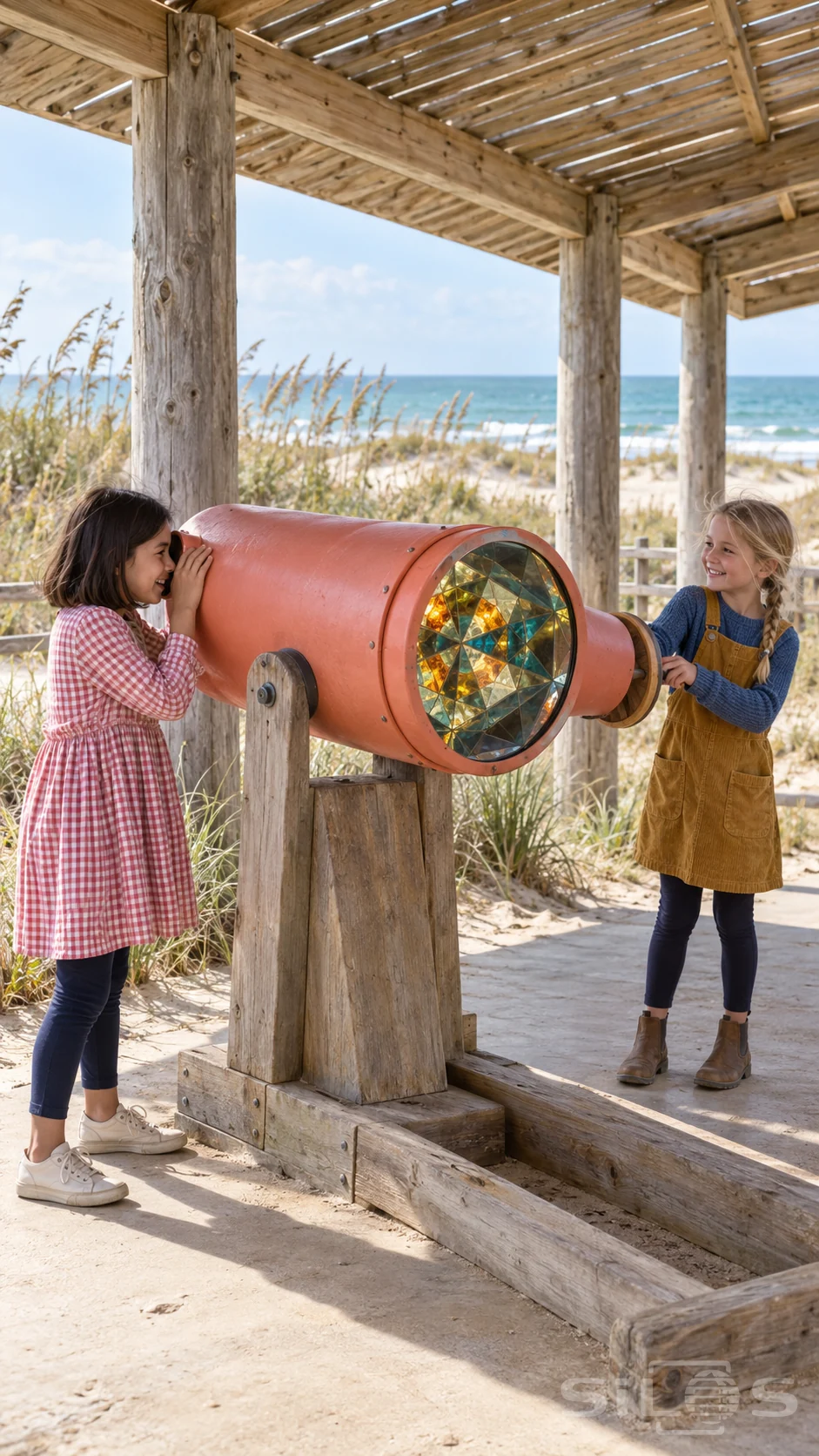 Two girls use a coral giant kaleidoscope with colored facets inside a timber dune shelter overlooking sea oats and blue water.