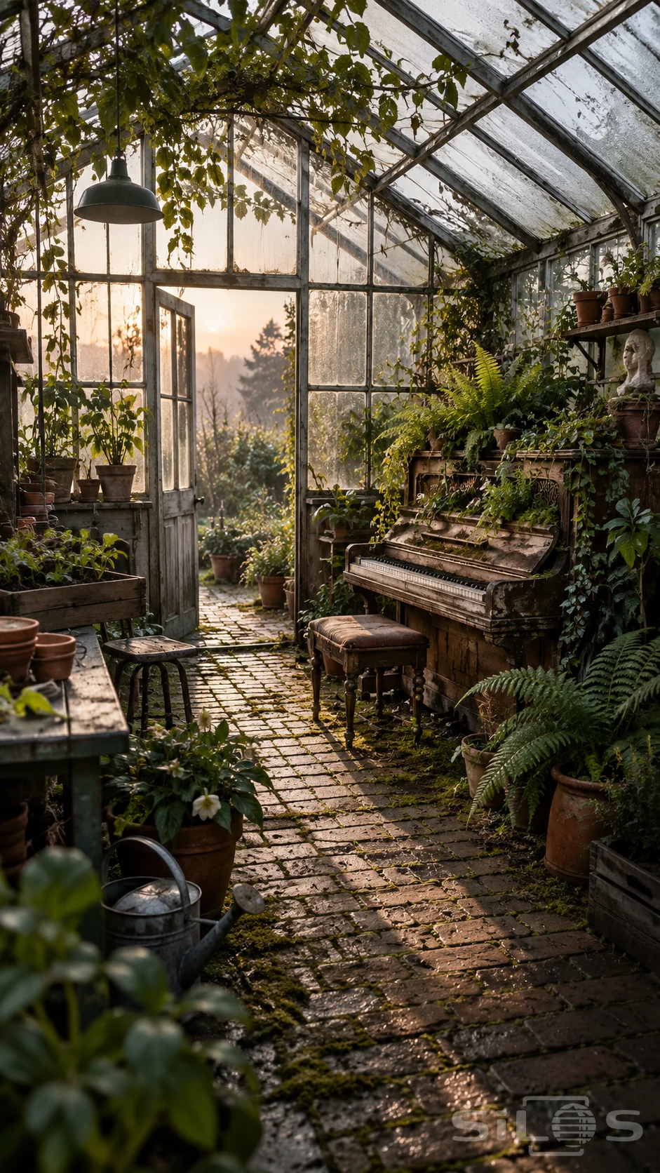 A greenhouse piano covered in ferns beside a mossy brick aisle, terracotta pots and an open glass door in morning light.