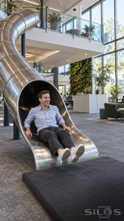 A man in a pale blue shirt laughs as he reaches the bottom of a steel office slide above a dark landing mat.