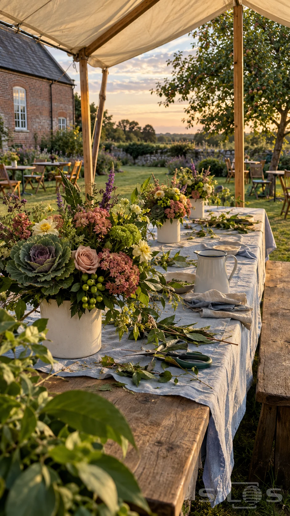 Cabbage and rose arrangements in white vases line a pale blue linen table beneath a canvas garden shelter in evening light.