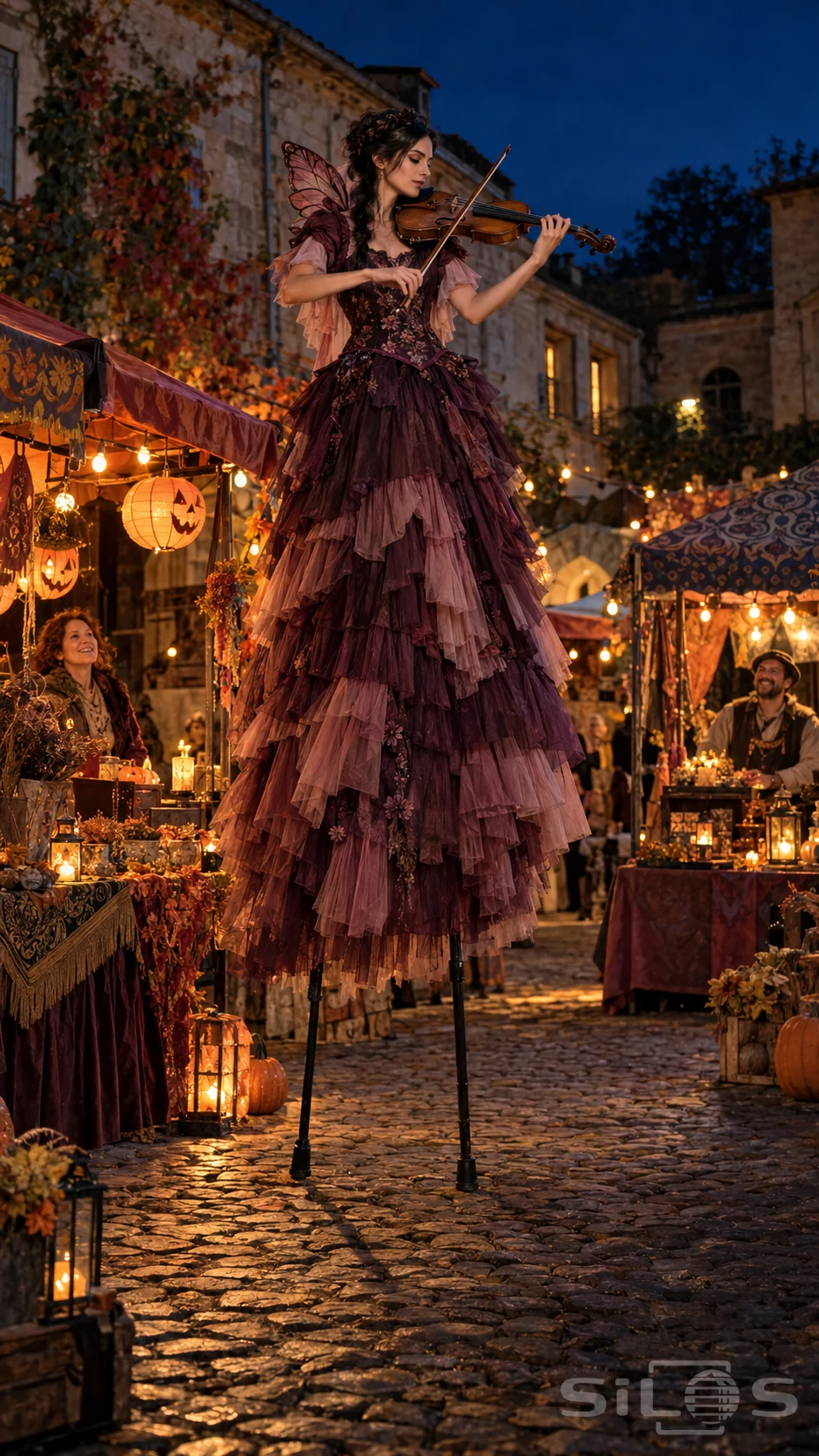 A stilt violinist in a plum tulle gown performs between market stalls decorated with glowing pumpkin lanterns.