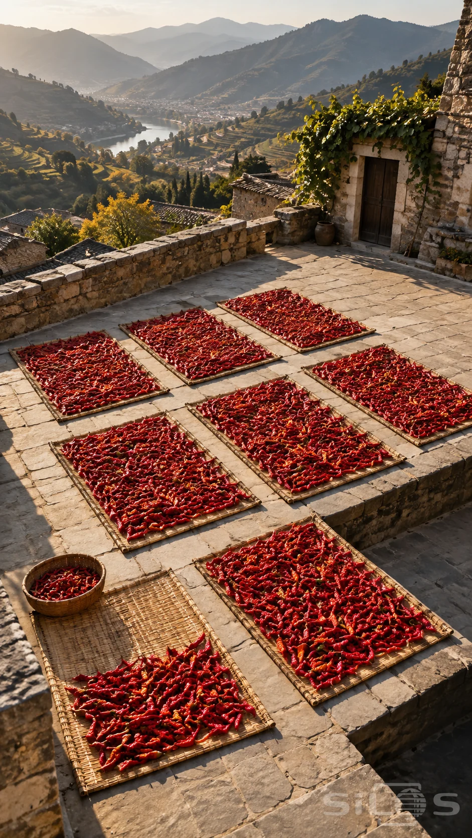 Red chilies dry on rectangular woven mats across a stepped stone terrace overlooking a valley and winding water.