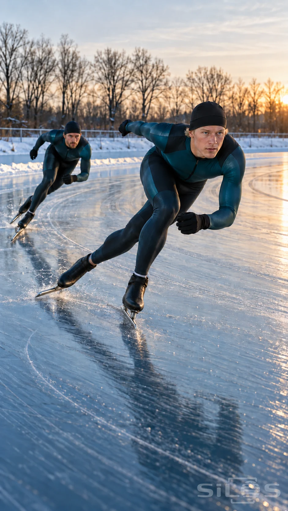Two adult speed skaters in teal and charcoal suits leaning through a curve on an outdoor ice track at sunset.