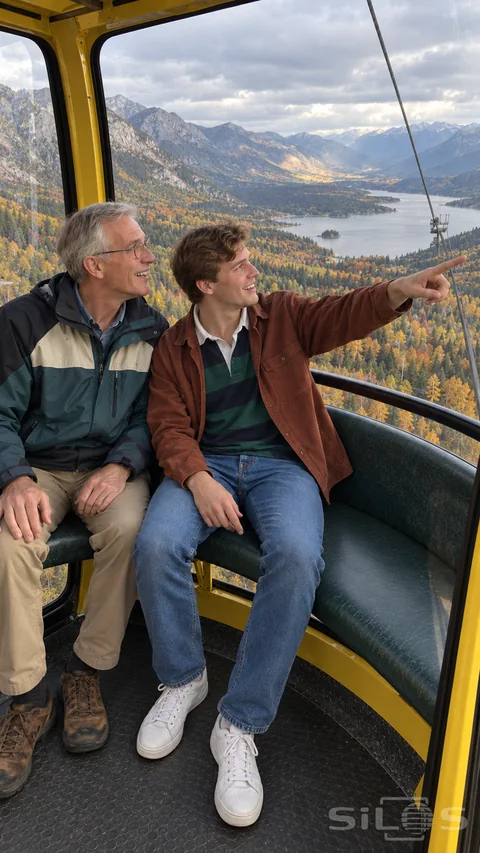 Two travelers share the view through a gondola window as one points toward an autumn valley and lake beyond the yellow cabin frame.