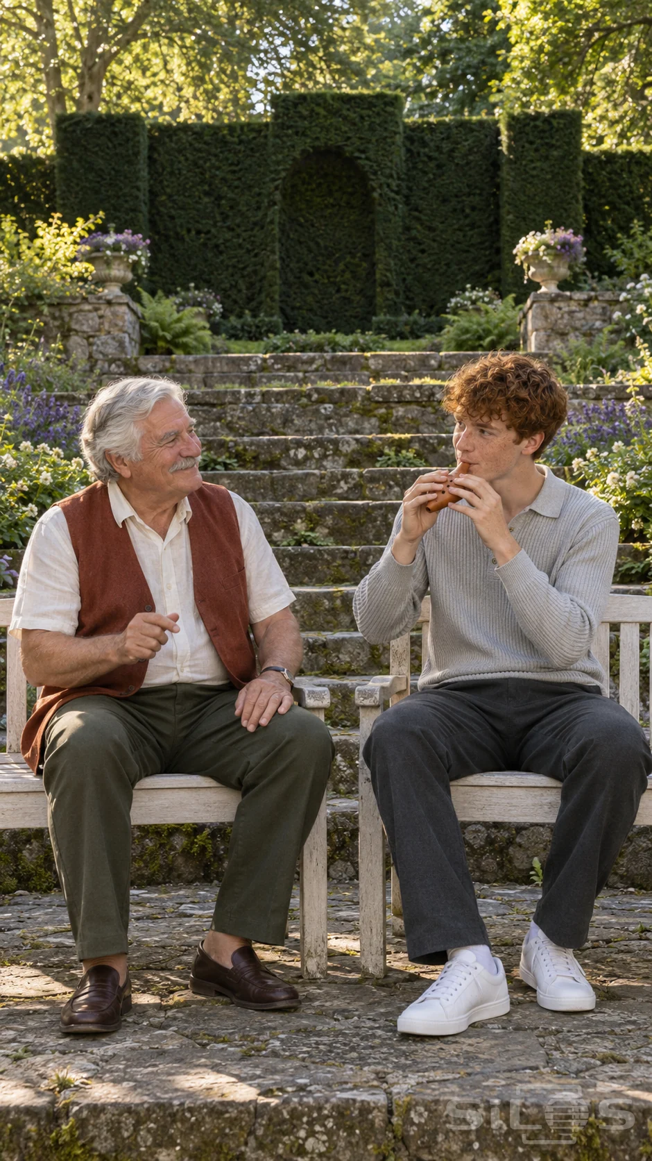 A young man plays a clay ocarina while his grandfather listens on white benches in a terraced garden theatre.