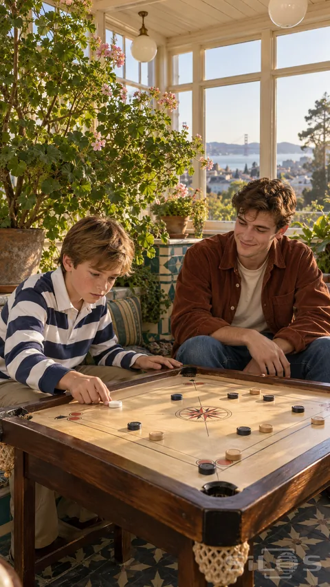 Two brothers watch carrom pieces on a wooden board in a bright garden room with tall plants and a distant suspension bridge.