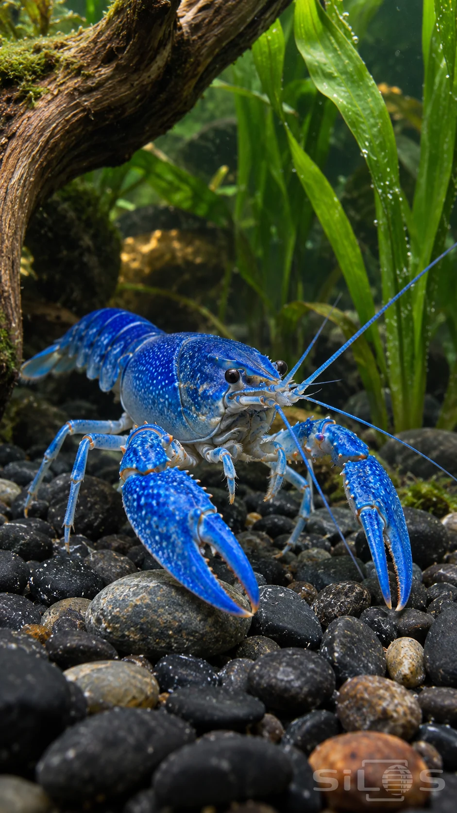 A blue crayfish crosses dark pebbles beneath a curved root and green aquatic leaves in a planted aquarium.