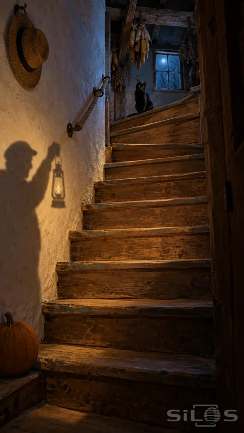 A black cat sits at the top of worn wooden attic stairs above a farmer’s lamp-cast shadow; with corn hanging by a moonlit window.