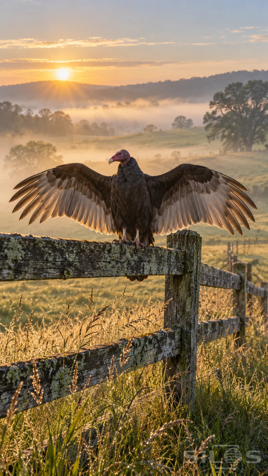 A turkey vulture spreads both wings on a weathered wooden fence above golden grass and morning mist in rolling pasture.