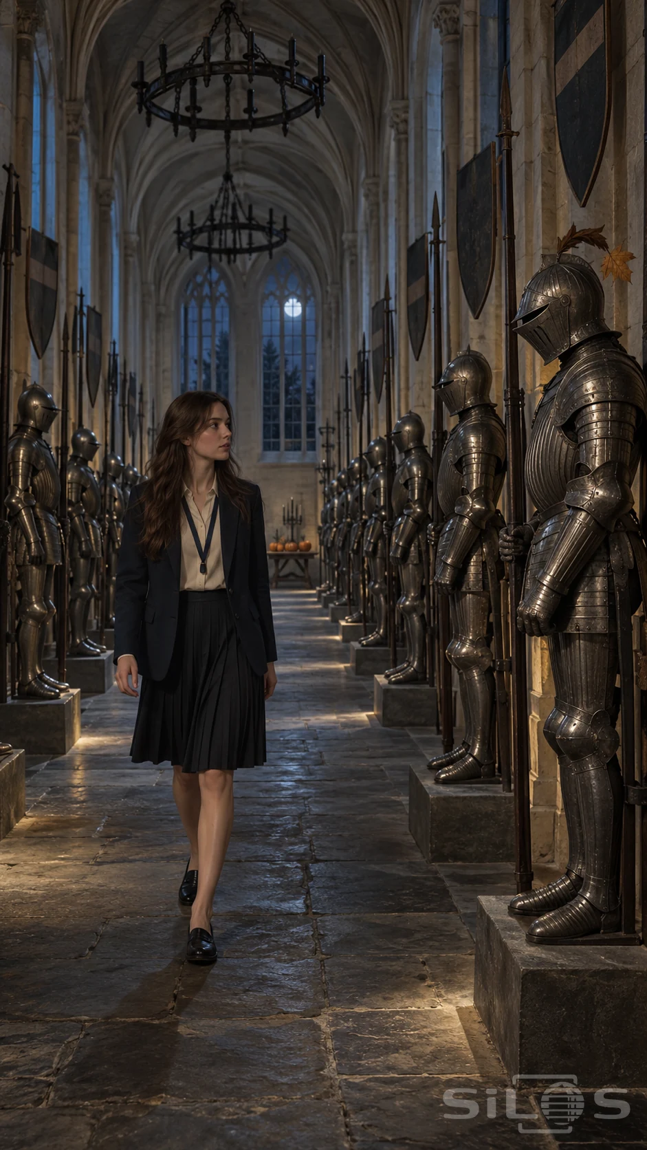 A guide in a navy blazer looks at a fluted suit of armour in a long stone gallery at night.