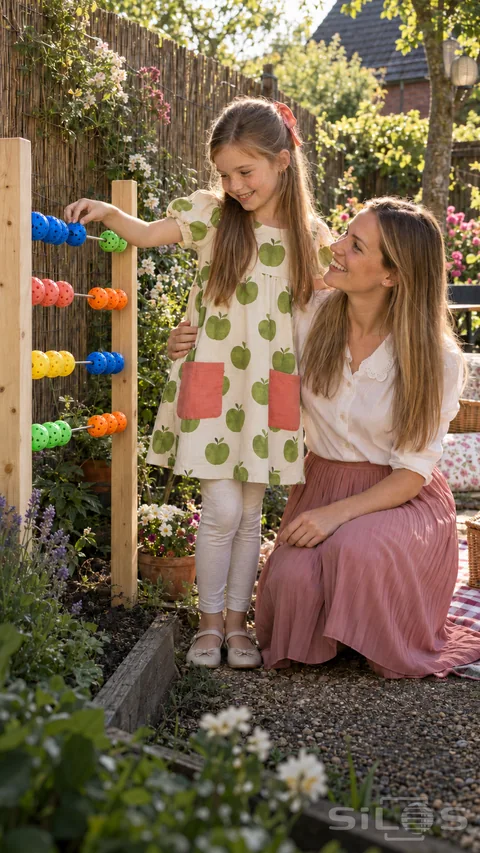Garden abacus play with a smiling mother watching her daughter slide a blue ball beside a reed fence.