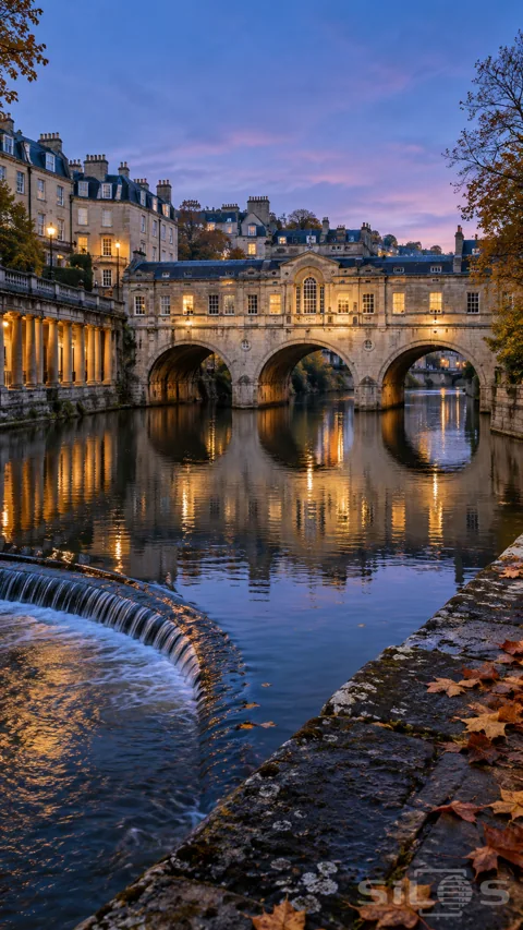 A lamplit stone bridge with three arches reflects in a quiet river beneath a blue and pink evening sky.