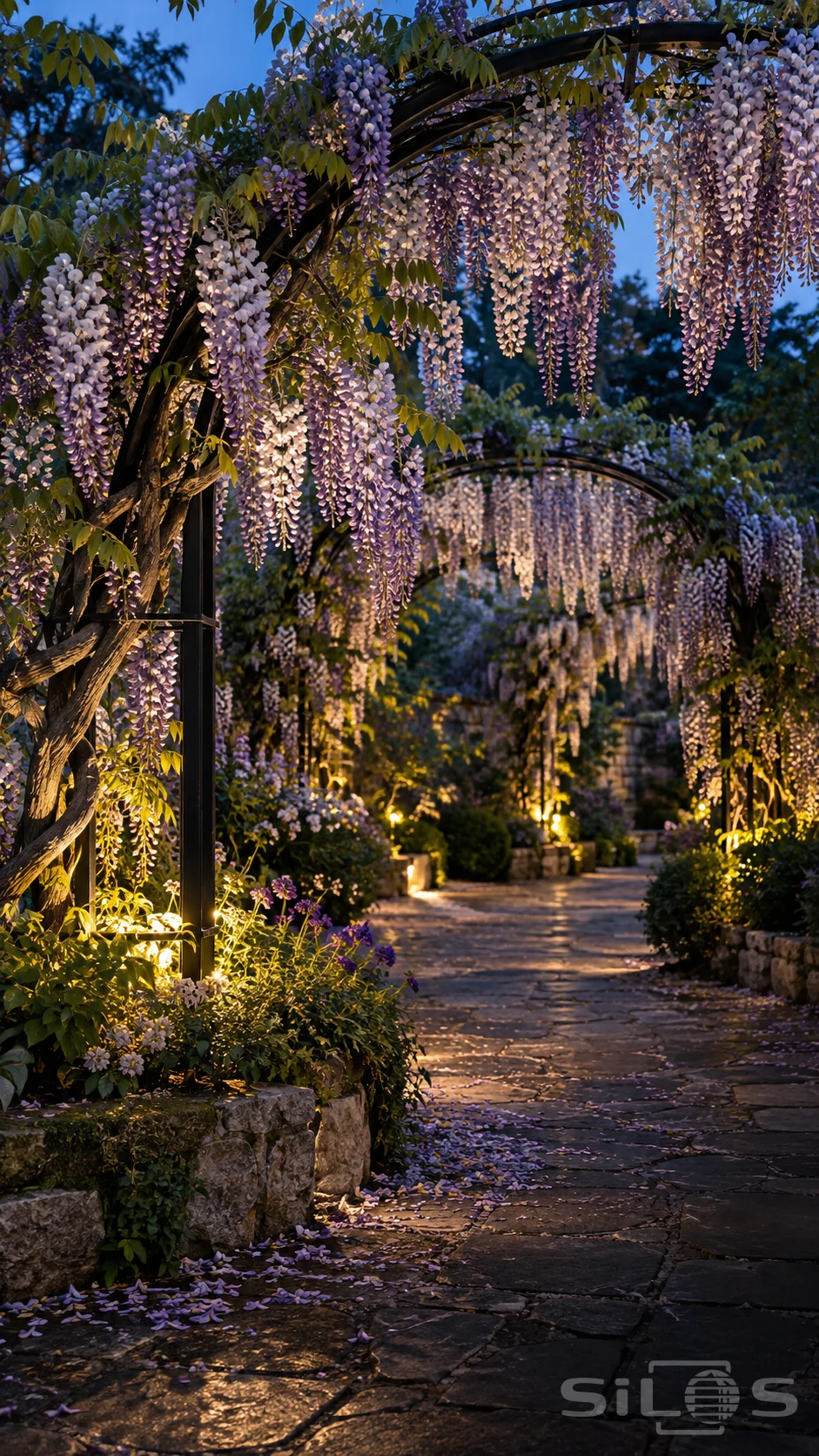 Long lilac and cream wisteria flowers hang from metal garden arches above a stone path lit by small warm garden lights.