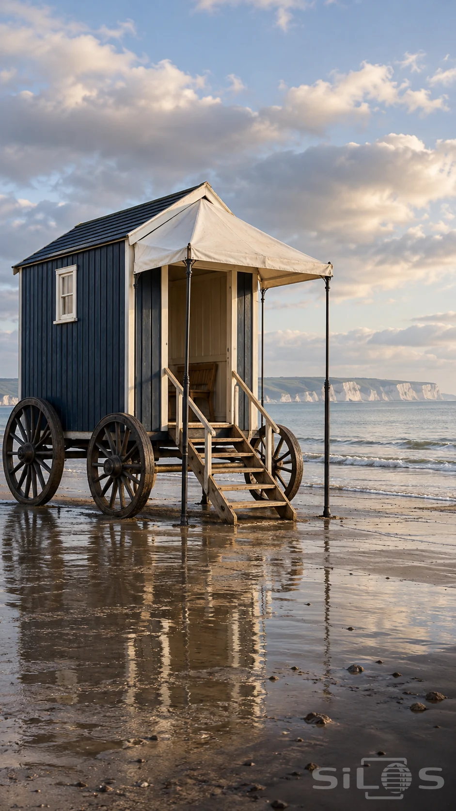 A wheeled beach hut with navy boards, ivory trim, cream awning and wooden steps stands on wet sand beside a blue-gray sea.