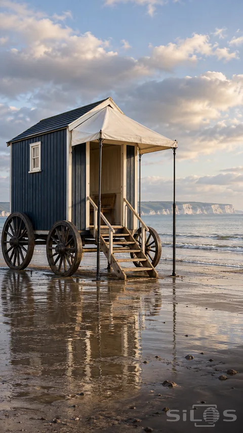 A wheeled beach hut with navy boards; ivory trim; cream awning and wooden steps stands on wet sand beside a blue-gray sea.